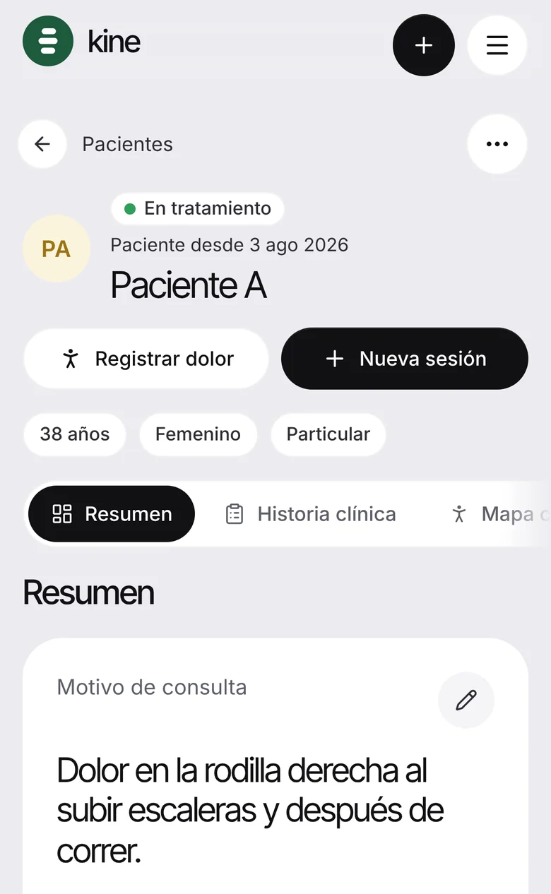 Ficha de un paciente en kine: las pestañas Resumen e Historia clínica y su motivo de consulta